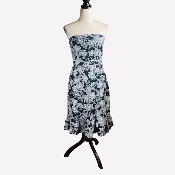 Loft Black And White Strapless Floral Dress, Size 6 - Picture 1 of 8